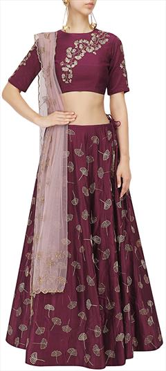 Engagement, Mehendi Sangeet, Wedding Red and Maroon color Ready to Wear Lehenga in Silk fabric with Flared Embroidered work : 1879178