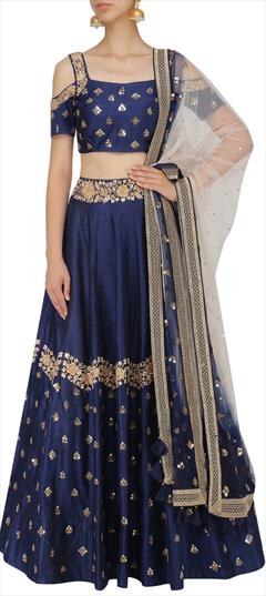 Engagement, Mehendi Sangeet, Wedding Blue color Ready to Wear Lehenga in Silk fabric with Flared Embroidered work : 1879183