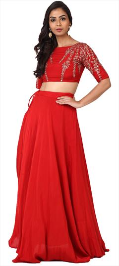 Engagement, Mehendi Sangeet, Reception Red and Maroon color Ready to Wear Lehenga in Crepe Silk fabric with Umbrella Shape Embroidered work : 1879293