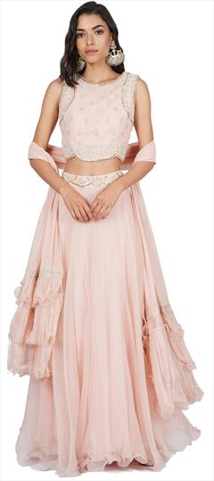 Engagement, Mehendi Sangeet, Reception Pink and Majenta color Ready to Wear Lehenga in Georgette fabric with Umbrella Shape Embroidered work : 1879298