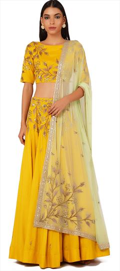 Engagement, Mehendi Sangeet, Reception Yellow color Ready to Wear Lehenga in Silk fabric with Flared Embroidered work : 1879299