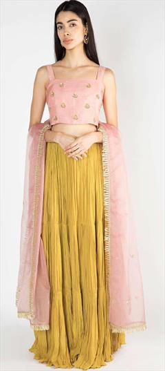 Mehendi Sangeet, Reception, Wedding Yellow color Ready to Wear Lehenga in Georgette fabric with Flared Embroidered, Thread work : 1879301