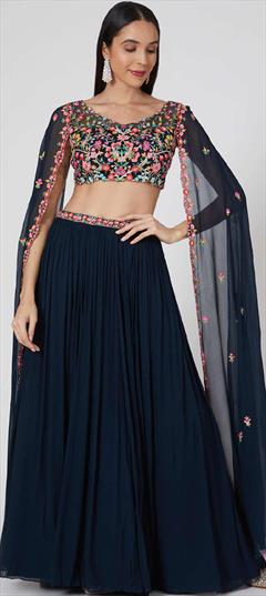 Mehendi Sangeet, Reception, Wedding Blue color Ready to Wear Lehenga in Georgette fabric with Flared Embroidered, Thread work : 1879303
