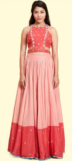 Mehendi Sangeet, Reception, Wedding Pink and Majenta, Red and Maroon color Ready to Wear Lehenga in Silk fabric with Flared Embroidered, Thread work : 1879306