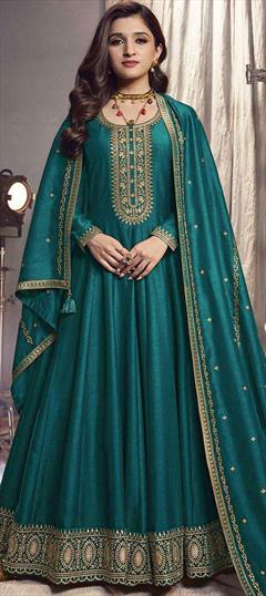 Engagement, Party Wear, Reception Blue color Salwar Kameez in Art Silk fabric with Anarkali Sequence, Thread, Zari work : 1879325