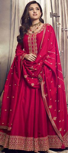 Engagement, Party Wear, Reception Pink and Majenta color Salwar Kameez in Art Silk fabric with Anarkali Sequence, Thread, Zari work : 1879336