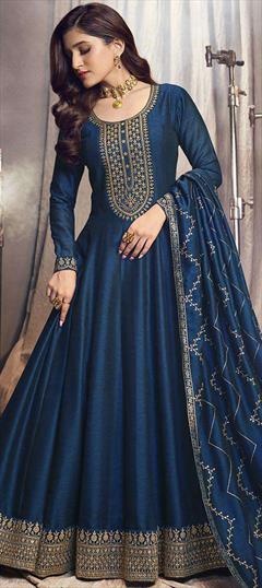 Engagement, Party Wear, Reception Blue color Salwar Kameez in Art Silk fabric with Anarkali Sequence, Thread, Zari work : 1879339