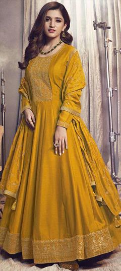 Engagement, Party Wear, Reception Yellow color Salwar Kameez in Art Silk fabric with Anarkali Sequence, Thread, Zari work : 1879342