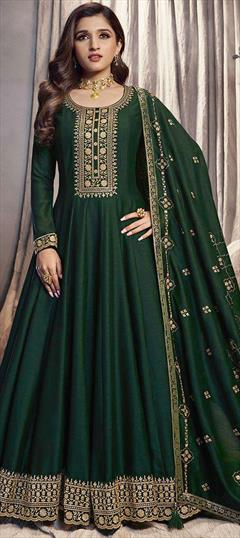 Engagement, Party Wear, Reception Green color Salwar Kameez in Art Silk fabric with Anarkali Sequence, Thread, Zari work : 1879344