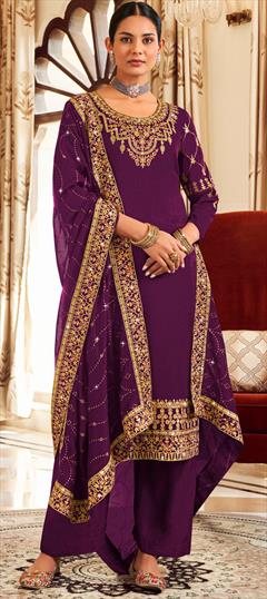 Festive, Party Wear, Reception Purple and Violet color Salwar Kameez in Art Silk fabric with Straight Embroidered, Sequence, Thread, Zari work : 1879353