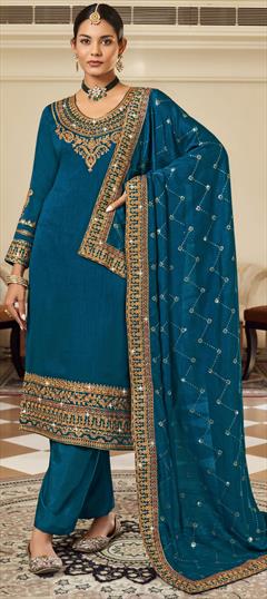 Festive, Party Wear, Reception Blue color Salwar Kameez in Art Silk fabric with Straight Embroidered, Sequence, Thread, Zari work : 1879357