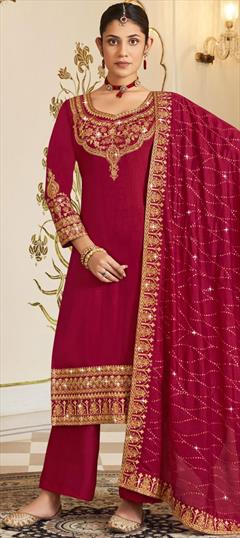 Festive, Party Wear, Reception Pink and Majenta color Salwar Kameez in Art Silk fabric with Straight Embroidered, Sequence, Thread, Zari work : 1879360