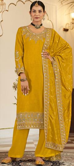 Festive, Party Wear, Reception Yellow color Salwar Kameez in Art Silk fabric with Straight Embroidered, Sequence, Thread, Zari work : 1879361