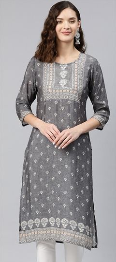 Casual Black and Grey color Kurti in Viscose fabric with Straight Printed, Thread, Zari work : 1879393