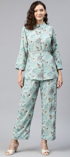 Casual, Party Wear, Summer Green color Co-ords Set in Viscose fabric with Long Sleeve, Straight Floral, Printed work : 1879451
