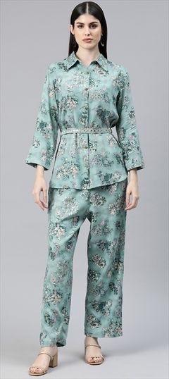 Casual, Party Wear, Summer Green color Co-ords Set in Viscose fabric with Long Sleeve, Straight Floral, Printed work : 1879453