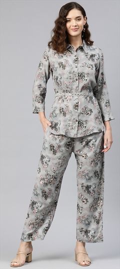 Casual, Party Wear, Summer Black and Grey color Co-ords Set in Viscose fabric with Long Sleeve, Straight Floral, Printed work : 1879455