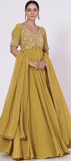 Designer, Festive, Reception Yellow color Salwar Kameez in Crepe Silk fabric with Anarkali Embroidered, Thread work : 1879507