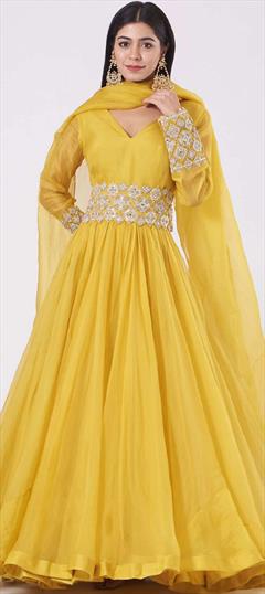 Designer, Festive, Reception Yellow color Salwar Kameez in Organza Silk fabric with Anarkali Embroidered, Thread work : 1879511
