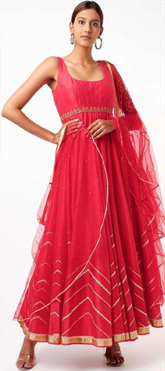 Designer, Festive, Reception Pink and Majenta color Salwar Kameez in Chanderi Silk fabric with Anarkali Gota Patti work : 1879515