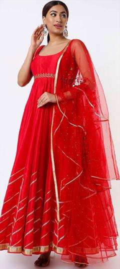 Designer, Festive, Reception Red and Maroon color Salwar Kameez in Chanderi Silk fabric with Anarkali Gota Patti work : 1879518