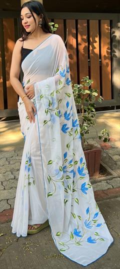 Reception, Traditional White and Off White color Saree in Organza Silk, Silk fabric with South Lace, Printed work : 1879549
