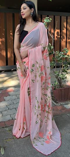 Reception, Traditional Pink and Majenta color Saree in Organza Silk, Silk fabric with South Lace, Printed work : 1879550