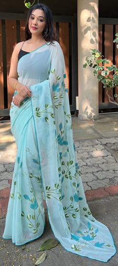 Reception, Traditional Blue color Saree in Organza Silk, Silk fabric with South Lace, Printed work : 1879553