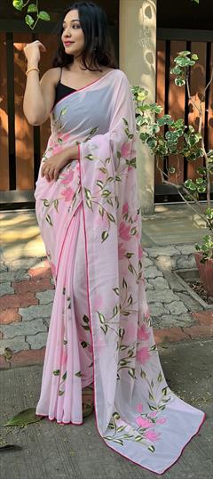 Reception, Traditional Pink and Majenta color Saree in Organza Silk, Silk fabric with South Lace, Printed work : 1879555