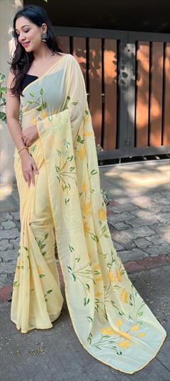 Reception, Traditional Yellow color Saree in Organza Silk, Silk fabric with South Lace, Printed work : 1879560