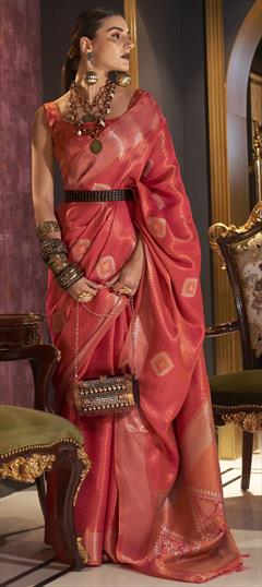 Party Wear, Traditional Pink and Majenta color Saree in Banarasi Silk, Silk fabric with South Weaving work : 1879626