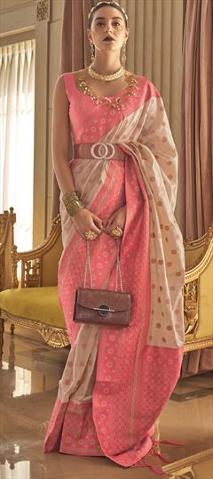 Party Wear, Traditional Beige and Brown, Pink and Majenta color Saree in Handloom fabric with South Weaving work : 1879635