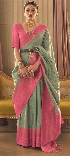 Party Wear, Traditional Green, Pink and Majenta color Saree in Handloom fabric with South Weaving work : 1879637