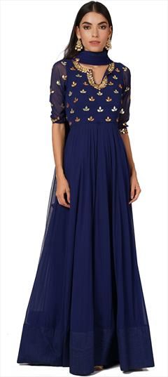 Designer, Festive, Reception Blue color Salwar Kameez in Georgette fabric with Anarkali Gota Patti work : 1879642