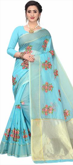 Party Wear, Traditional Blue color Saree in Super Net fabric with Bengali Weaving work : 1879656