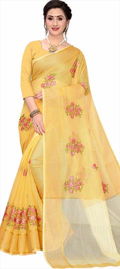 Party Wear, Traditional Yellow color Saree in Super Net fabric with Bengali Weaving work : 1879663