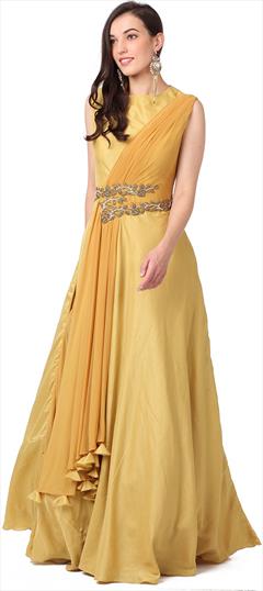 Designer, Festive, Reception Yellow color Salwar Kameez in Silk fabric with Anarkali Zardozi work : 1879683