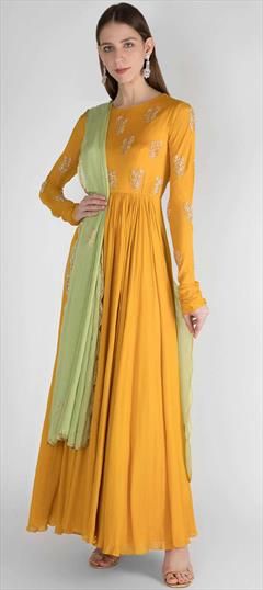 Designer, Festive, Reception Yellow color Salwar Kameez in Georgette fabric with Anarkali Zardozi work : 1879686