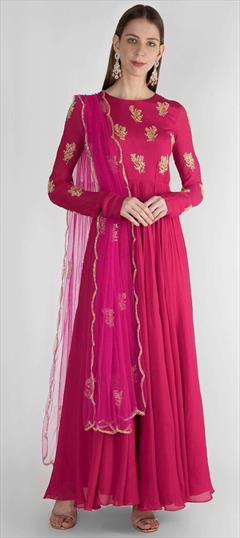 Designer, Festive, Reception Pink and Majenta color Salwar Kameez in Georgette fabric with Anarkali Zardozi work : 1879688