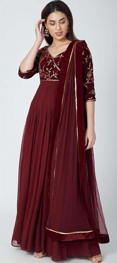 Designer, Festive, Reception Purple and Violet color Salwar Kameez in Georgette fabric with Anarkali Zardozi work : 1879690