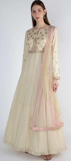 Designer, Festive, Reception White and Off White color Salwar Kameez in Georgette, Shimmer fabric with Anarkali Zardozi work : 1879692