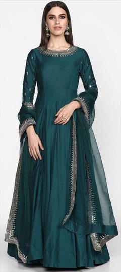 Designer, Party Wear, Reception Green color Salwar Kameez in Chanderi Silk fabric with Anarkali Border, Thread, Zari work : 1879851
