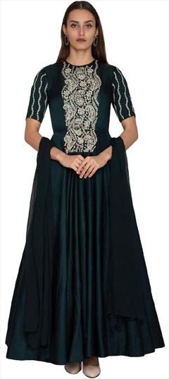 Designer, Party Wear, Reception Green color Salwar Kameez in Chanderi Silk fabric with Anarkali Moti work : 1879871