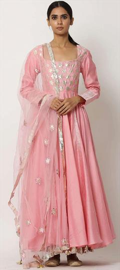 Designer, Party Wear, Reception Pink and Majenta color Salwar Kameez in Silk fabric with Anarkali Gota Patti work : 1879873