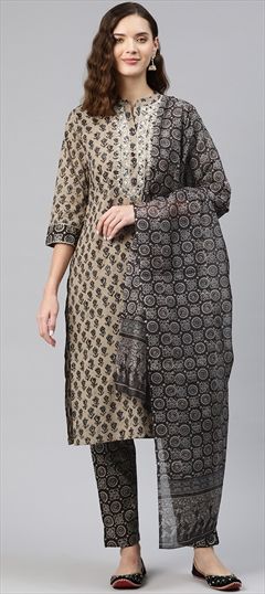 Party Wear, Summer Beige and Brown color Salwar Kameez in Cotton fabric with Straight Printed, Thread, Zari work : 1879908