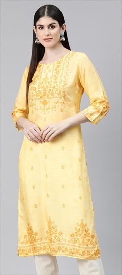 Casual Yellow color Kurti in Viscose fabric with Straight Printed, Sequence work : 1879917