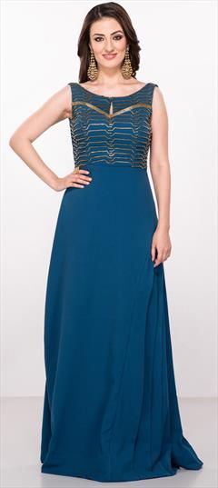 Designer, Reception Blue color Gown in Jersey fabric with Embroidered, Thread work : 1879950