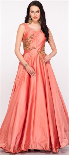Designer, Reception Pink and Majenta color Gown in Silk fabric with Embroidered, Thread work : 1879952