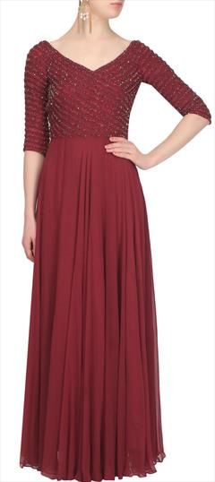 Designer, Party Wear Red and Maroon color Gown in Georgette fabric with Embroidered, Thread work : 1880241