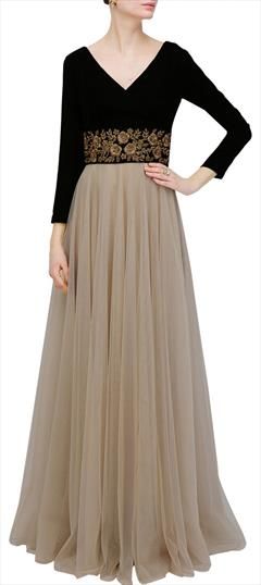 Designer, Party Wear Beige and Brown, Black and Grey color Gown in Georgette, Velvet fabric with Embroidered, Thread work : 1880245